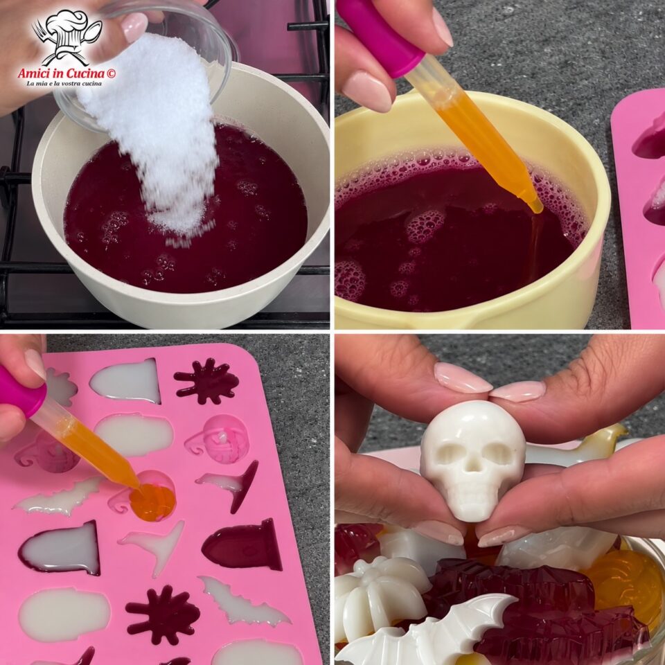 Fasi di preparazione: riscaldamento del succo con lo zucchero in pentola, utilizzo della pompetta, riempimento degli stampini in silicone a tema Halloween ed estrazione della caramella finita