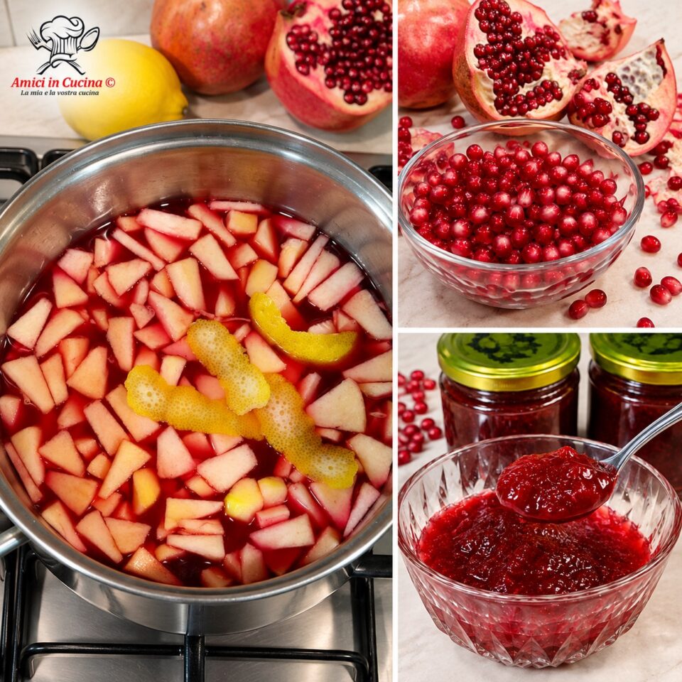 Fasi di preparazione: cottura in pentola del succo di melograno con pezzetti di mela, zucchero e scorza di limone Titolo: Didascalia dell'immagine:Descrizione: Un dettaglio della preparazione in cui le mele fresche a pezzetti cuociono dolcemente nel succo di melograno per rilasciare la pectina naturale necessaria alla gelificazione.