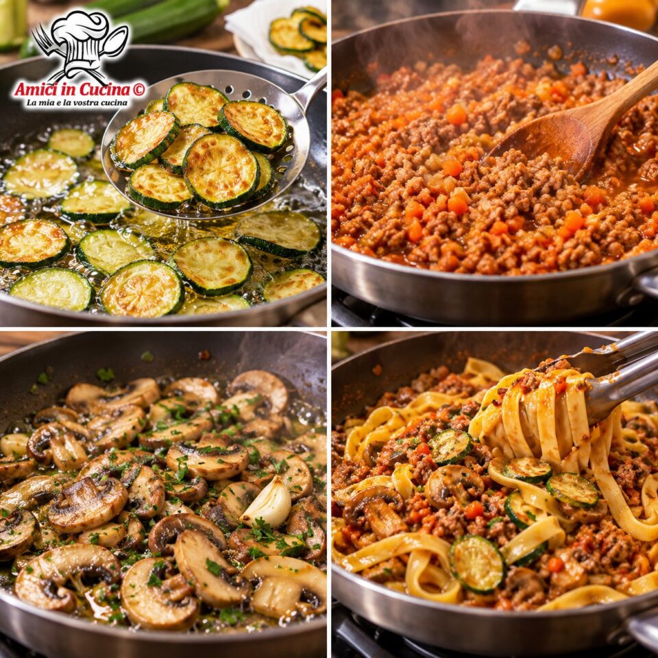 Fasi della ricetta: frittura delle zucchine, preparazione del sugo veloce di carne e funghi, e mantecatura delle fettuccine