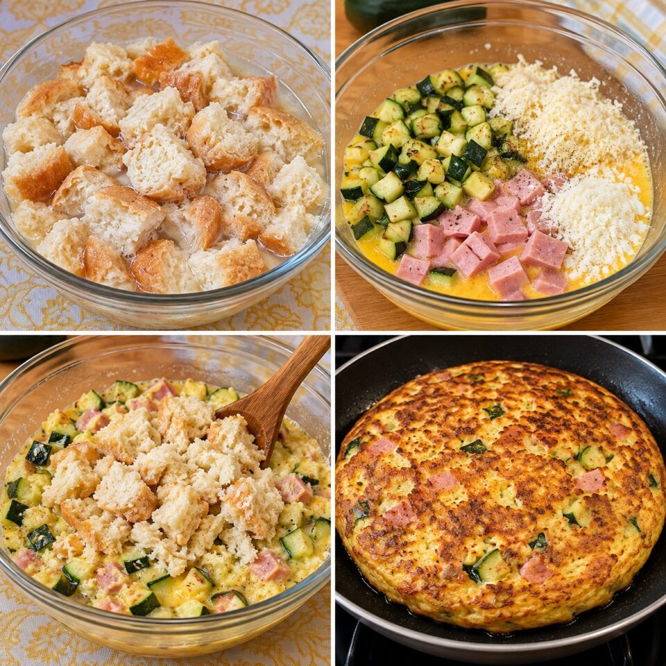 Fasi di preparazione: ammollo e strizzatura del pane, preparazione del composto di uova con verdure e salumi, e doratura in padella