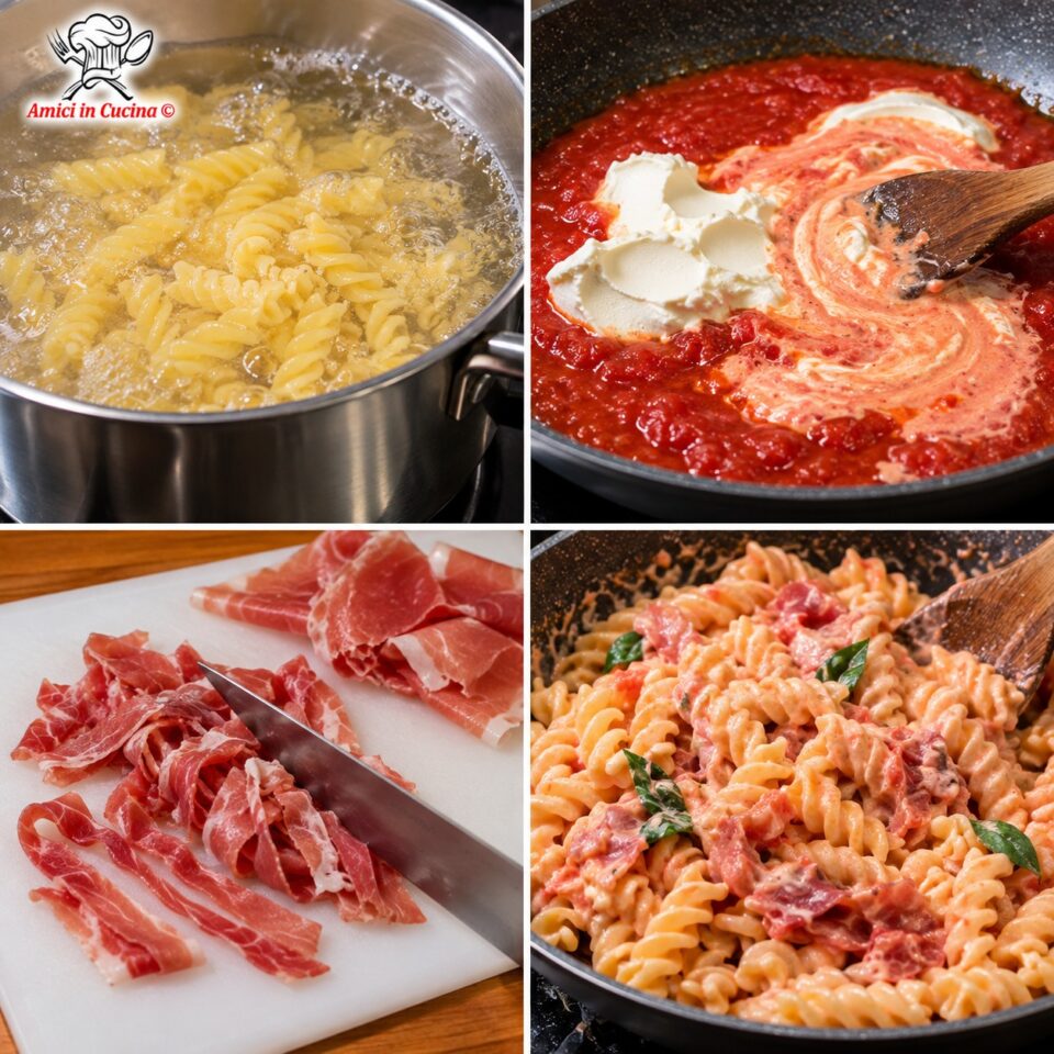 Fasi di preparazione: cottura dei fusilli, creazione della crema di formaggio e pomodoro in padella, preparazione del prosciutto crudo a listarelle e mantecatura finale della pasta