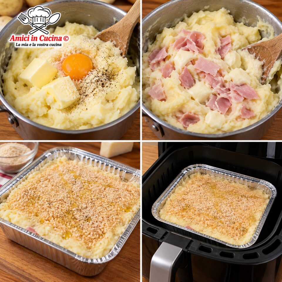 Fasi della ricetta: impasto delle patate lesse, farcitura ricca di prosciutto, spolverata di pangrattato e inserimento nel cestello della friggitrice ad aria