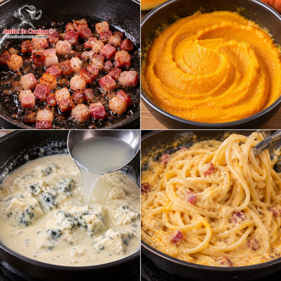 Fasi della ricetta: rosolatura della pancetta, scioglimento del gorgonzola in padella, e mantecatura delle linguine con la crema di zucca