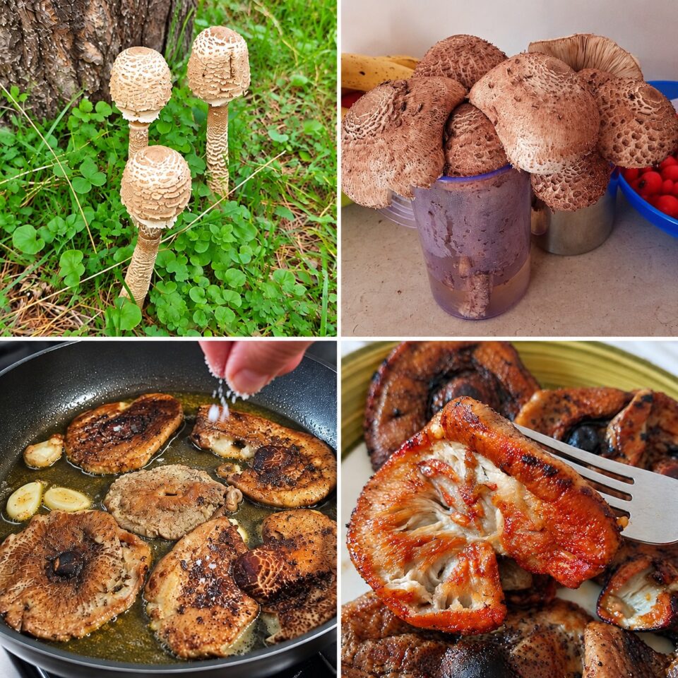 Fasi di preparazione: funghi nel prato, raccolto fresco, cottura in padella con aglio e sale, e piatto finito dorato