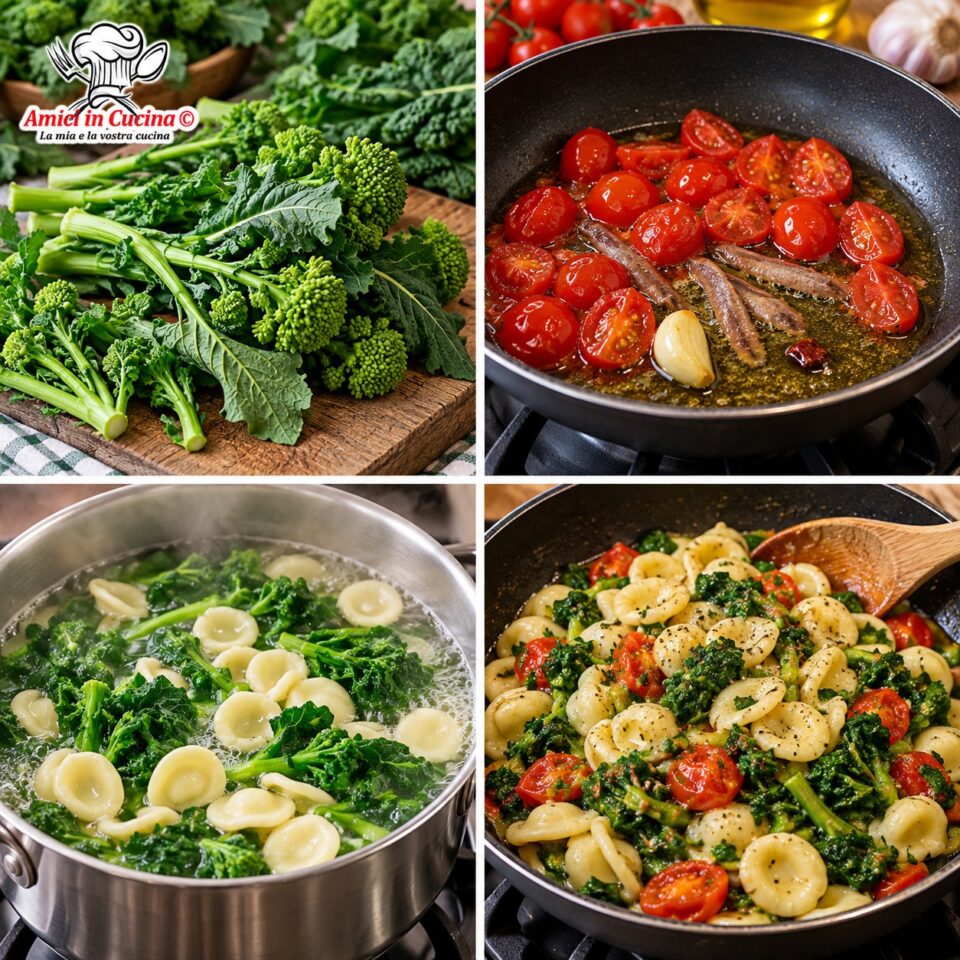 Fasi della preparazione: pulizia delle cime di rapa, soffritto con pomodorini, cottura congiunta di verdura e pasta, mantecatura in padella