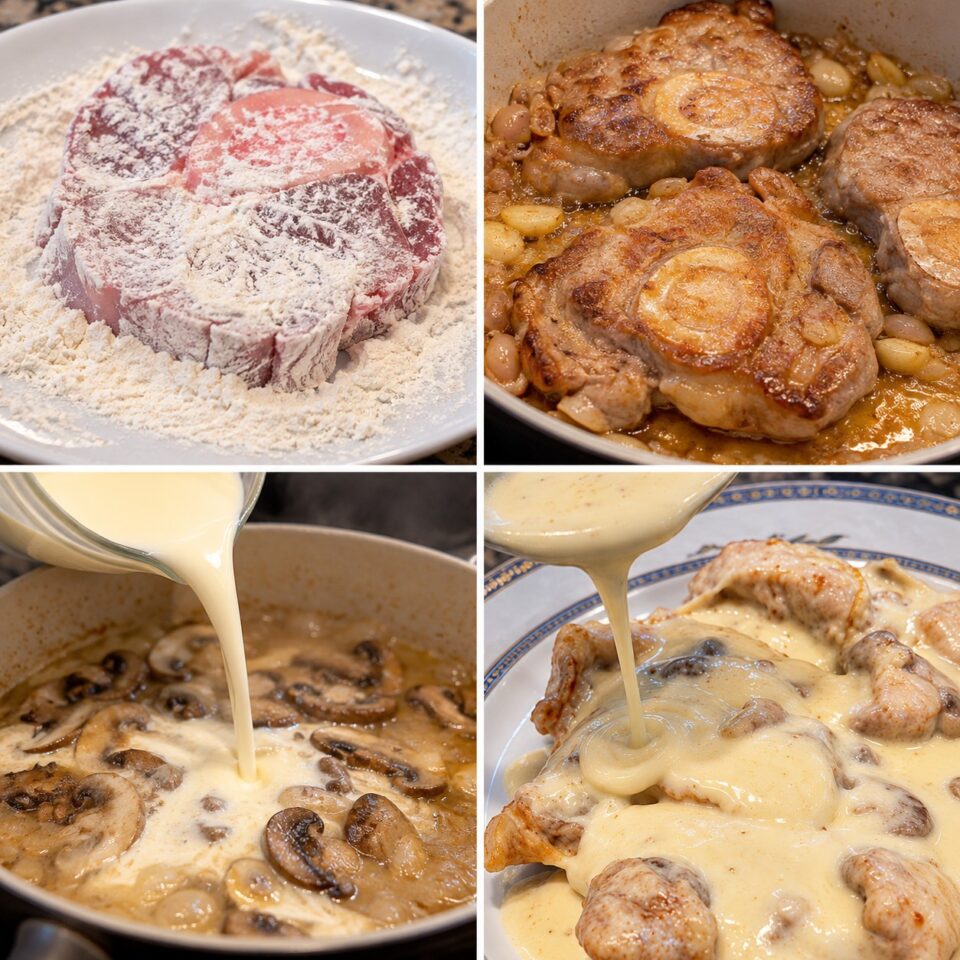 Fasi di preparazione: infarinatura della carne, rosolatura in padella con scalogno, aggiunta della panna per formare la salsa e colata di crema sull'ossobuco impiattato