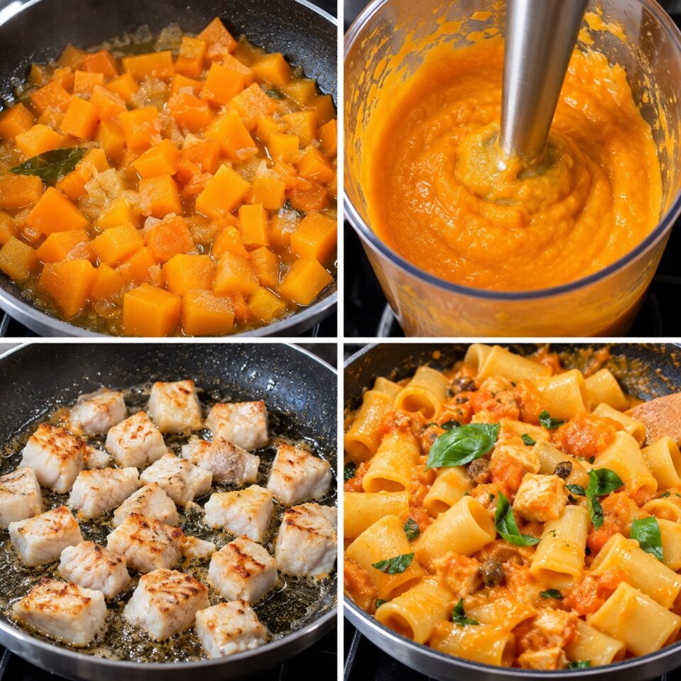 Fasi di preparazione: cottura della zucca, frullatura in crema, rosolatura del pesce spada e mantecatura della pasta in padella