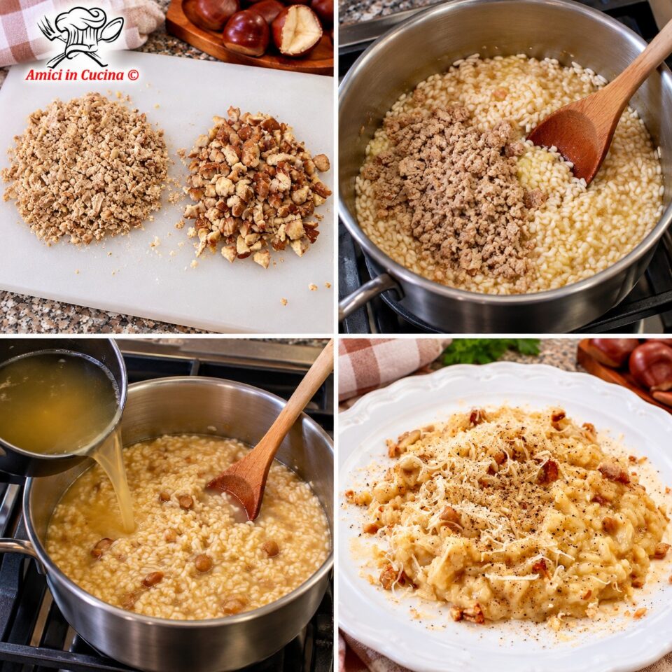 Fasi della ricetta: trito di castagne su un tagliere bianco, cottura del riso in pentola con l'aggiunta del brodo caldo e risultato finale nel piatto