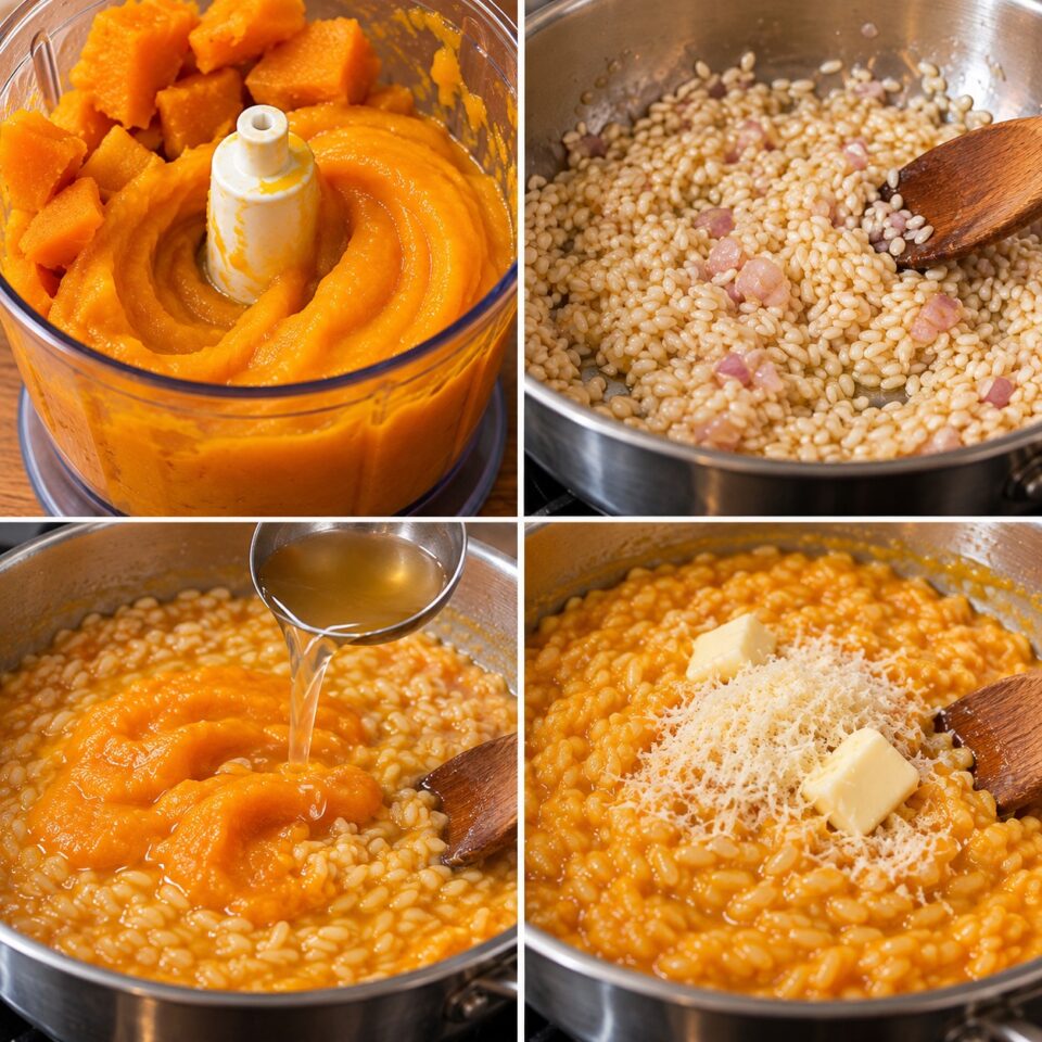 Fasi di preparazione: crema di zucca frullata, tostatura del riso, cottura con il brodo e mantecatura finale con burro e formaggio