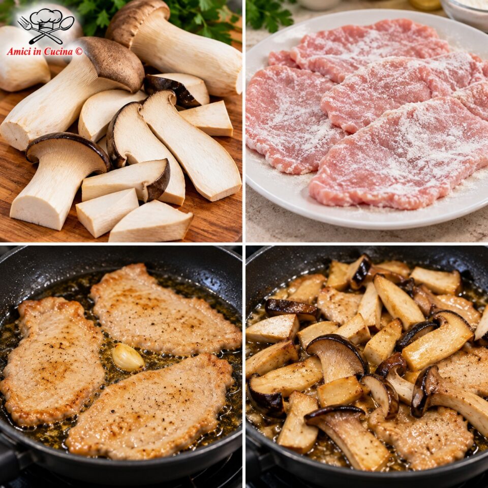Fasi di cottura: taglio dei funghi cardoncelli, infarinatura delle fette di vitello, doratura in padella e unione degli ingredienti per la cottura finale