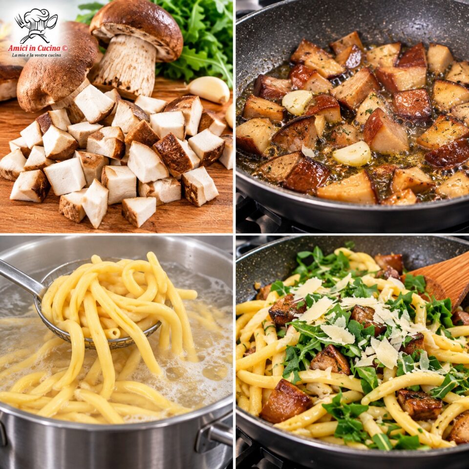 Fasi della ricetta: taglio dei porcini, cottura in padella, bollitura degli scialatielli e mantecatura finale con rucola