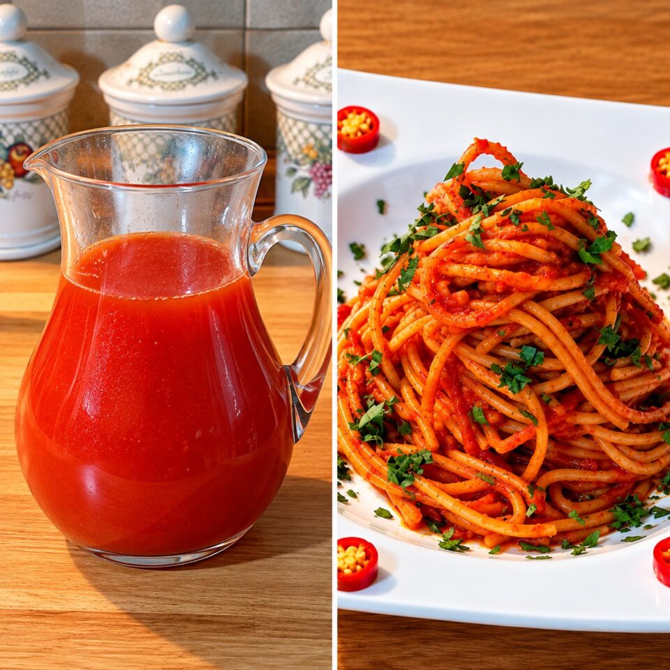 A sinistra la brocca con il brodo al pomodoro, a destra il piatto di spaghetti all'assassina finito e guarnito con peperoncino