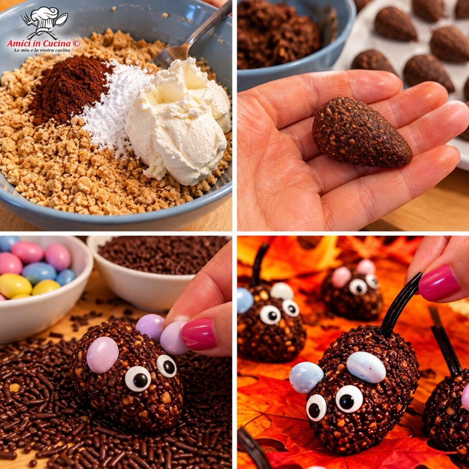 Fasi di preparazione dei topini: impasto dei tartufini, modellazione a forma di goccia e decorazione finale con le caramelle