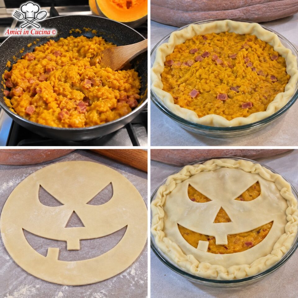 Fasi di preparazione della torta salata: impasto del ripieno, stesura della sfoglia, intaglio del volto spaventoso e chiusura dei bordi