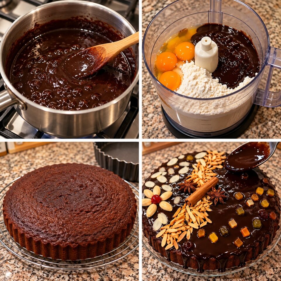 Fasi di preparazione: cottura della crema al vino rosso e cacao in pentola, realizzazione dell'impasto, torta sfornata e glassatura finale a specchio