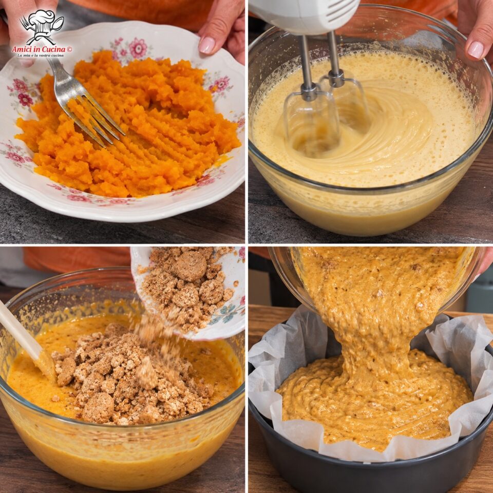 Fasi di preparazione: schiacciamento della zucca cotta, montatura di uova e zucchero di canna, aggiunta degli amaretti sbriciolati e versamento dell'impasto nella tortiera