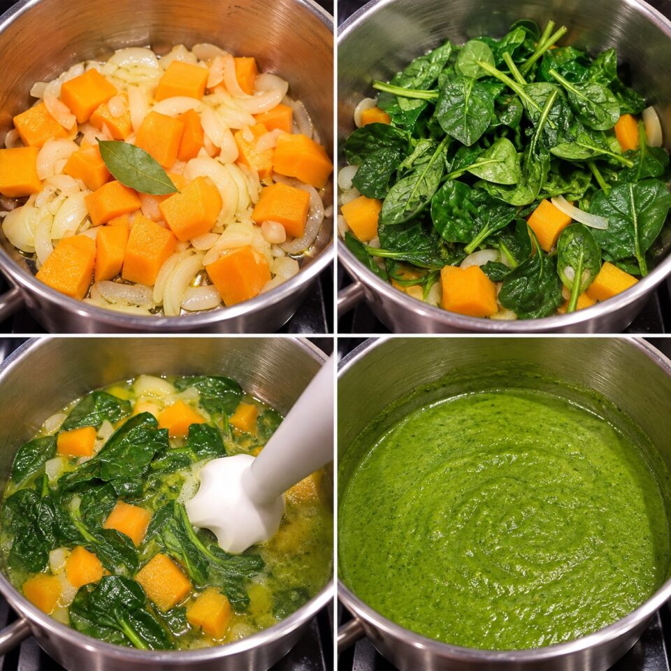Fasi di preparazione: cottura di zucca e cipolla, inserimento degli spinaci freschi, frullatura a immersione e vellutata liscia completata