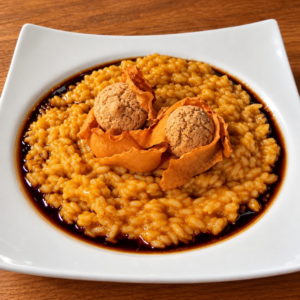 Piatto di risotto alla zucca cremoso, incorniciato da una scura riduzione di porto e decorato al centro con chips di zucca e amaretti croccanti interi