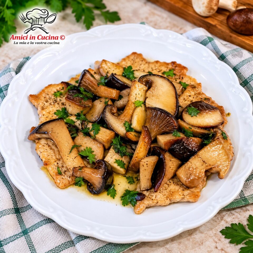 Fettine di carne di vitello in padella ricoperte con funghi cardoncelli trifolati, sughetto dorato e prezzemolo fresco tritato