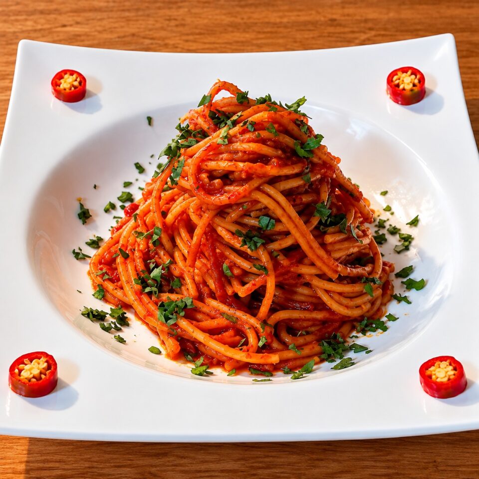 Piatto bianco elegante con un nido centrale di spaghetti all'assassina di colore rosso intenso, guarniti con erbe aromatiche e quattro anelli di peperoncino fresco agli angoli