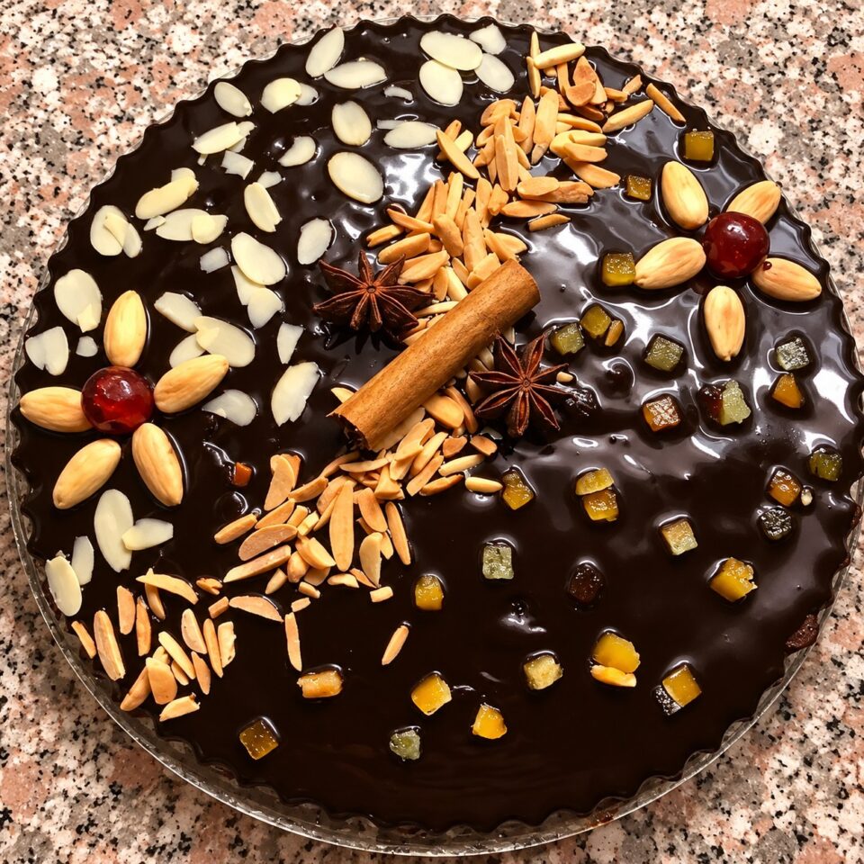 Torta al cioccolato ricoperta da una glassa lucida al vino rosso, decorata elegantemente con mandorle a fette, frutta candita, anice stellato e stecche di cannella