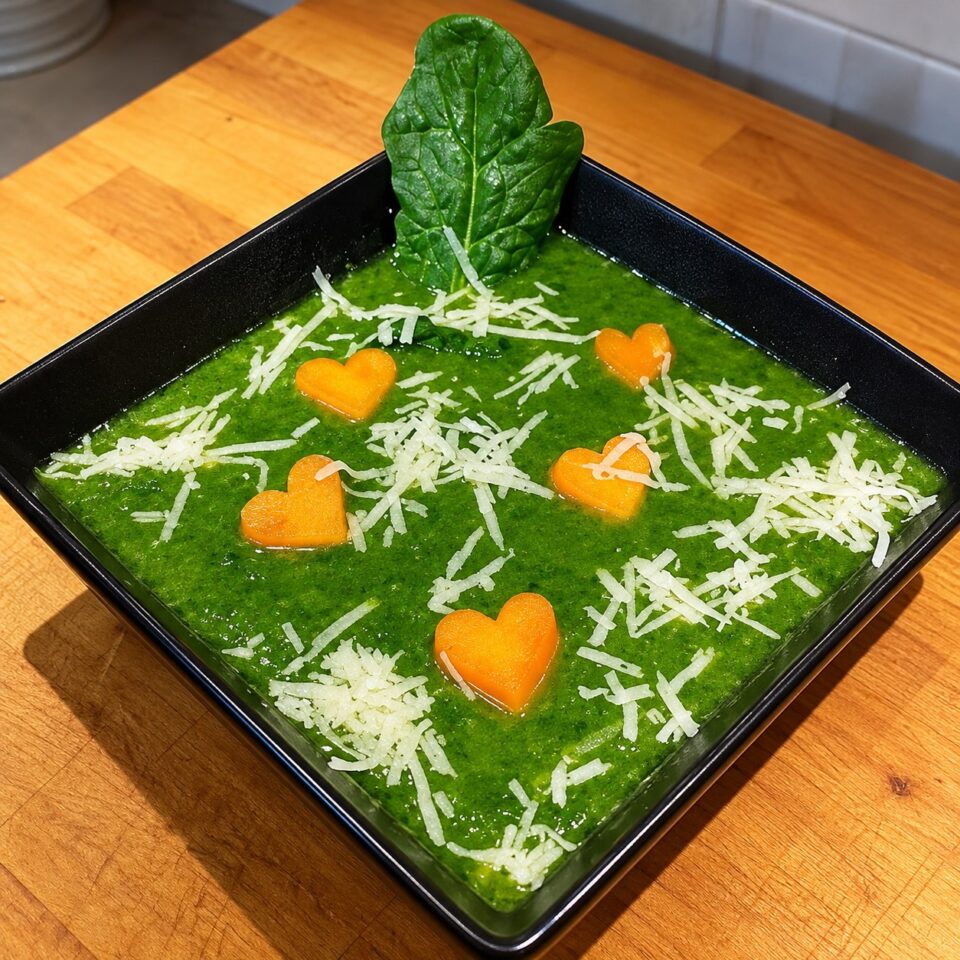 Piatto nero quadrato con una densa vellutata verde di spinaci, decorata in superficie con formaggio grattugiato e pezzetti di zucca tagliati a forma di cuore