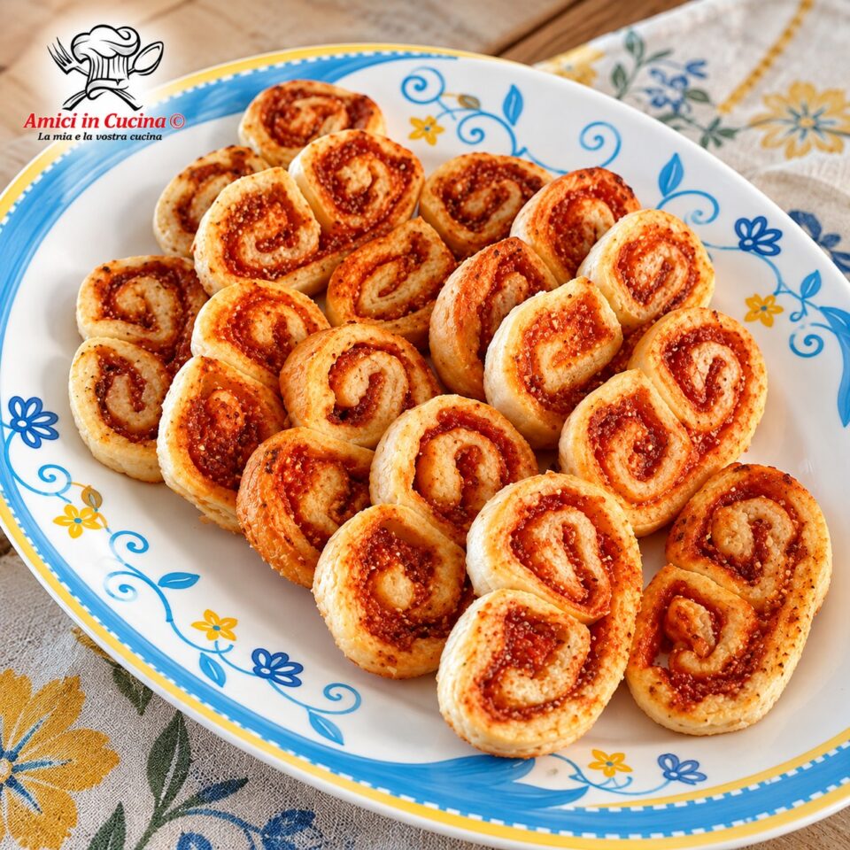 Vassoio ovale decorato contenente numerosi ventagli di pasta sfoglia salati, cotti e dorati, farciti con prosciutto e formaggio