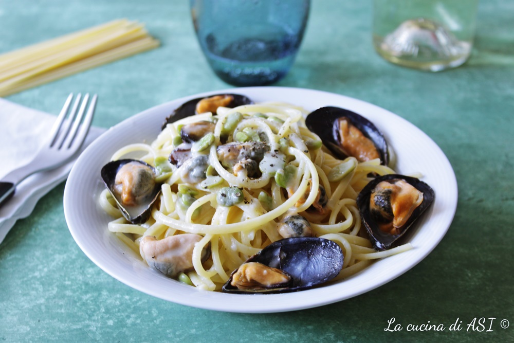 linguine cozze fave e pecorino