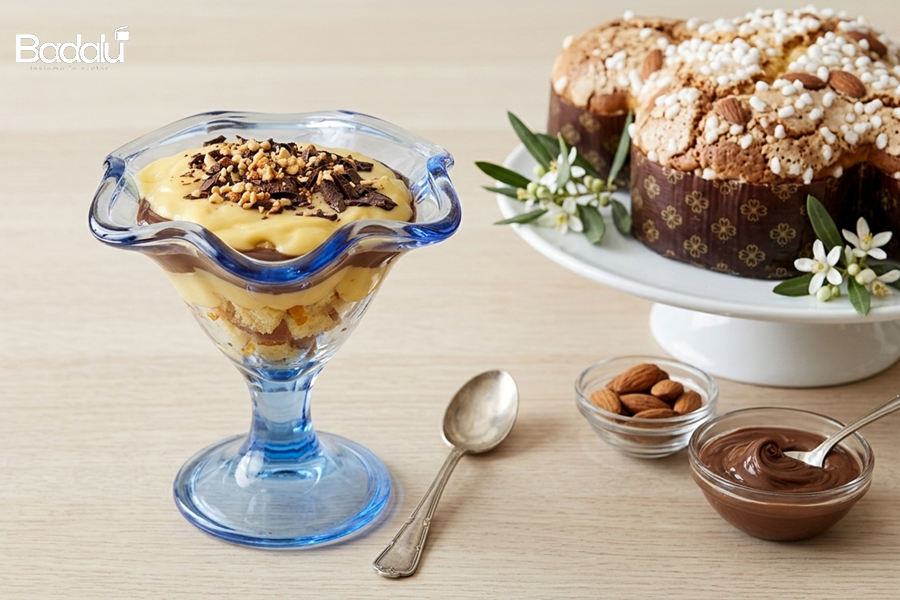 Colomba di Pasqua in coppa con crema pasticcera cioccolato fondente Nutella e mandorle