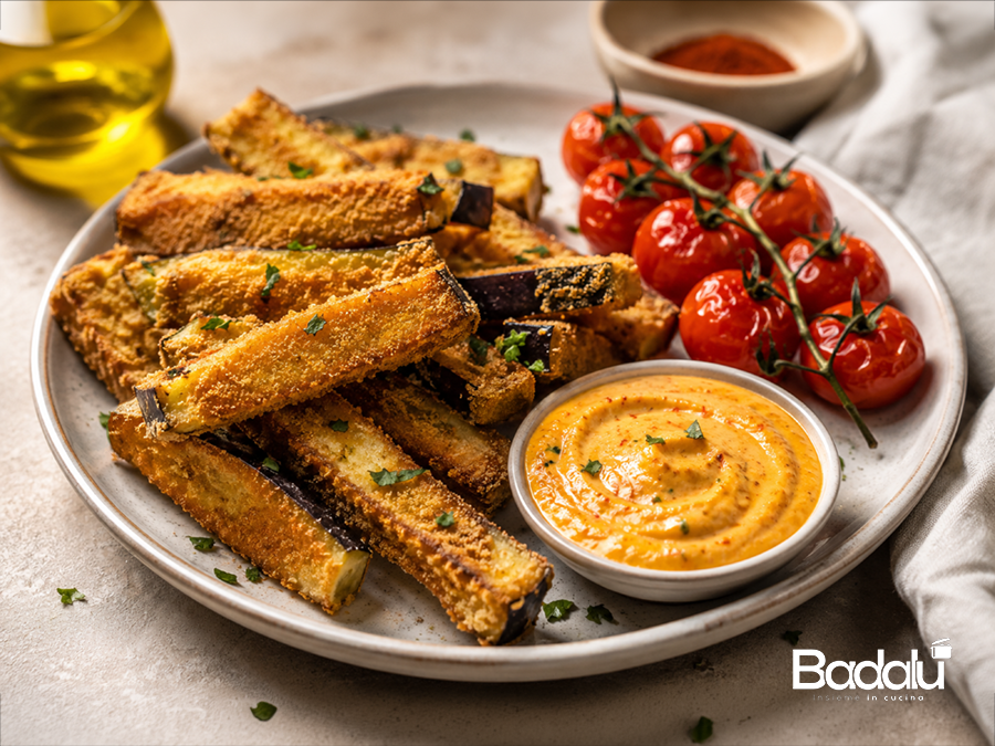 Bastoncini di melanzane fritti con salsa speziata