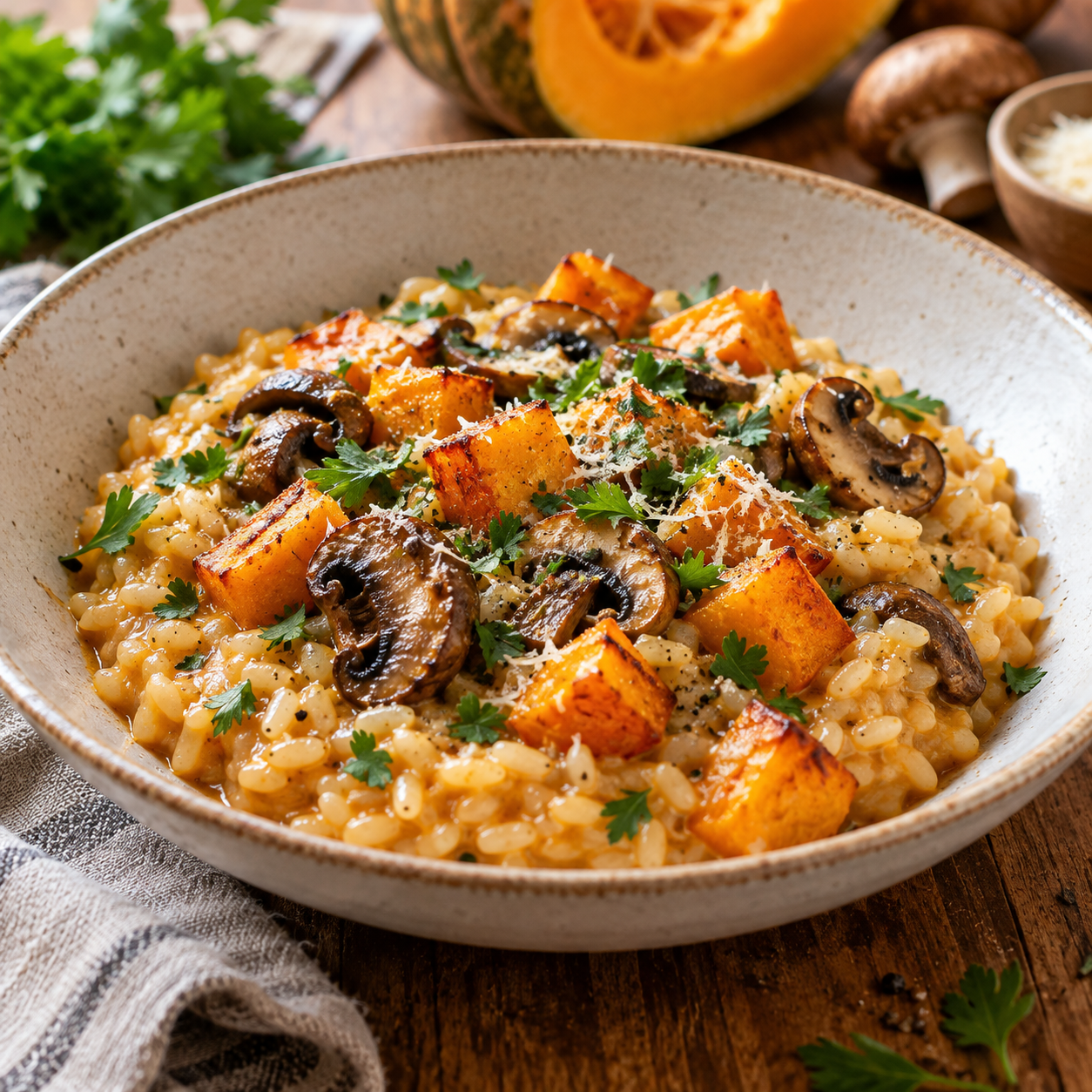 Risotto cremoso con zucca e funghi