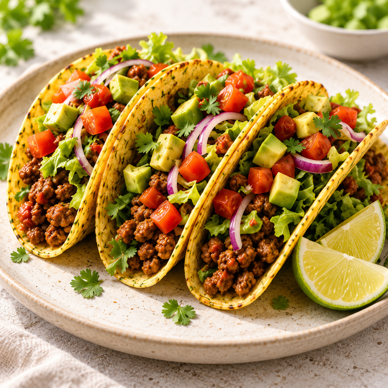 Tacos di zucchine ripieni di manzo, pomodorini, avocado e lattuga