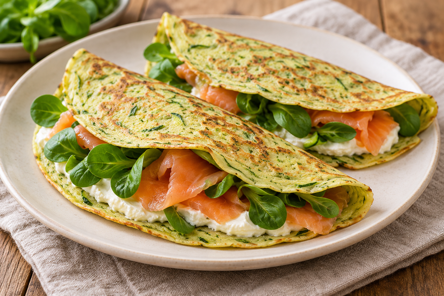 Crêpes di zucchine con Philadelphia, salmone e valeriana