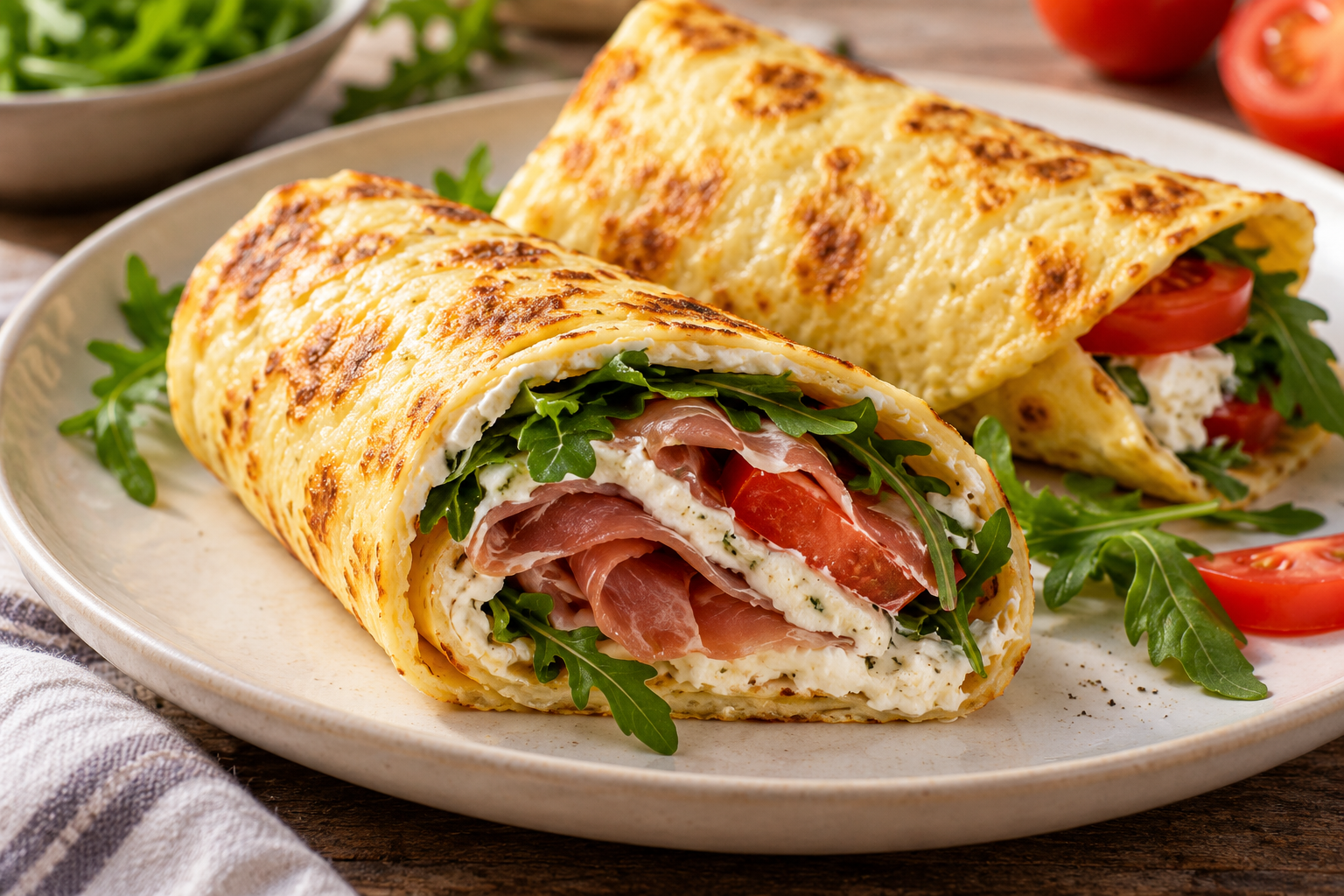 Wrap di fiocchi di latte con crudo, Philadelphia, rucola e pomodoro