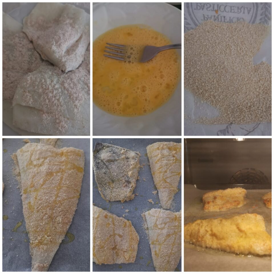 Collage fotografico che mostra i passaggi per preparare il baccalà gratinato al forno: l'infarinatura, il passaggio nell'uovo sbattuto, l'impanatura nel pangrattato sulla carta forno, la disposizione sulla teglia con olio e la cottura finale in forno.