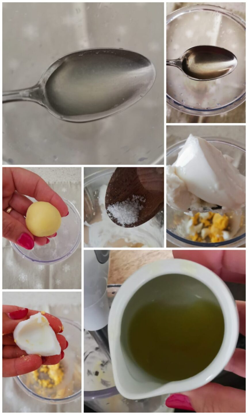 Collage fotografico dei passaggi per fare la maionese di ricotta e uova sode con il frullatore a immersione.