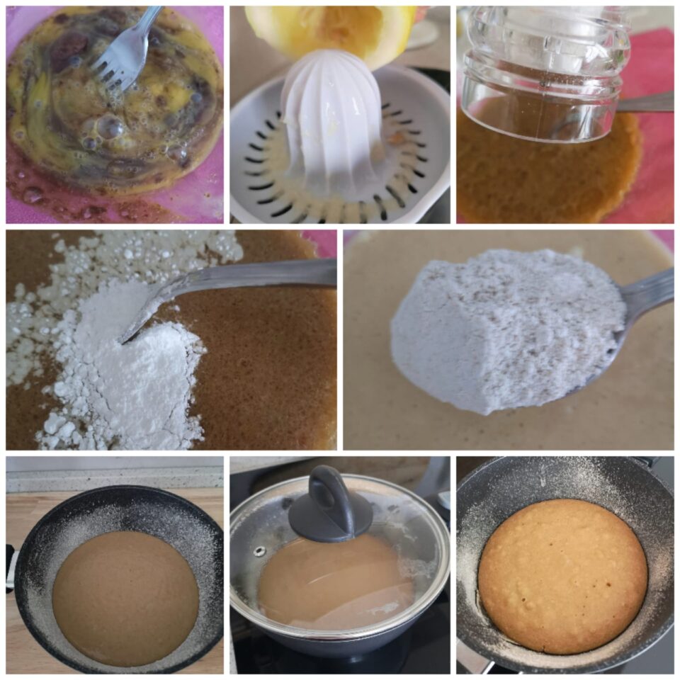 Collage fotografico dei passaggi per fare la torta in padella con farina di avena dallo sbattere le uova alla cottura con coperchio