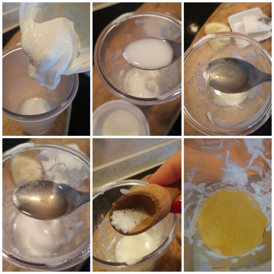 Un collage di 6 foto che mostra le fasi di inserimento degli ingredienti nel bicchiere del minipimer: lo skyr, il latte, il limone, l'aceto, il sale e infine l'olio di semi versato sopra.