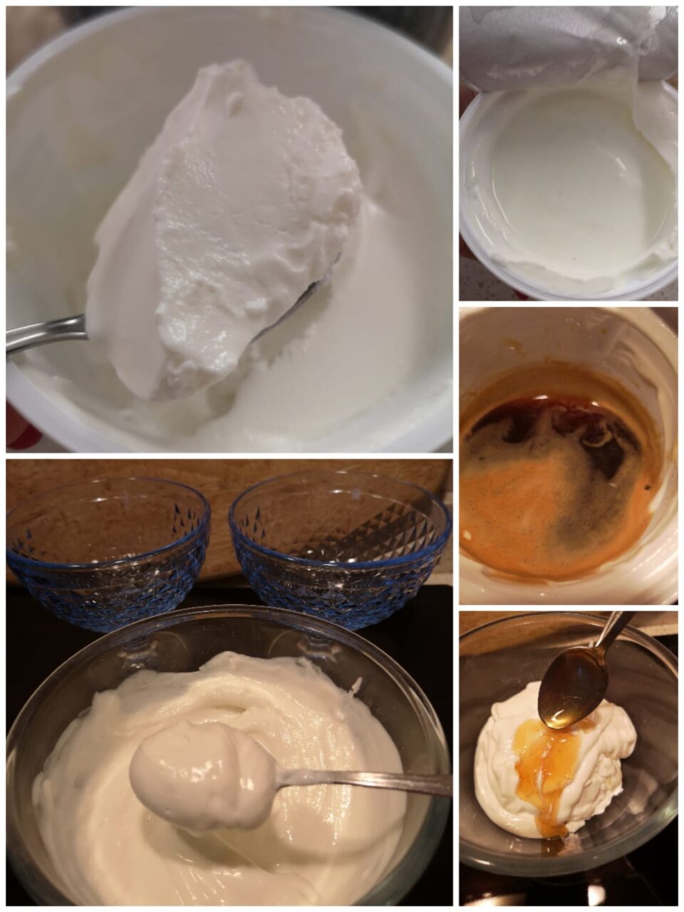 Collage fotografico che mostra i passaggi per preparare la crema del dolce light: lo skyr e la ricotta in ciotola, l'aggiunta del miele e la crema liscia e densa finale pronta per l'uso.