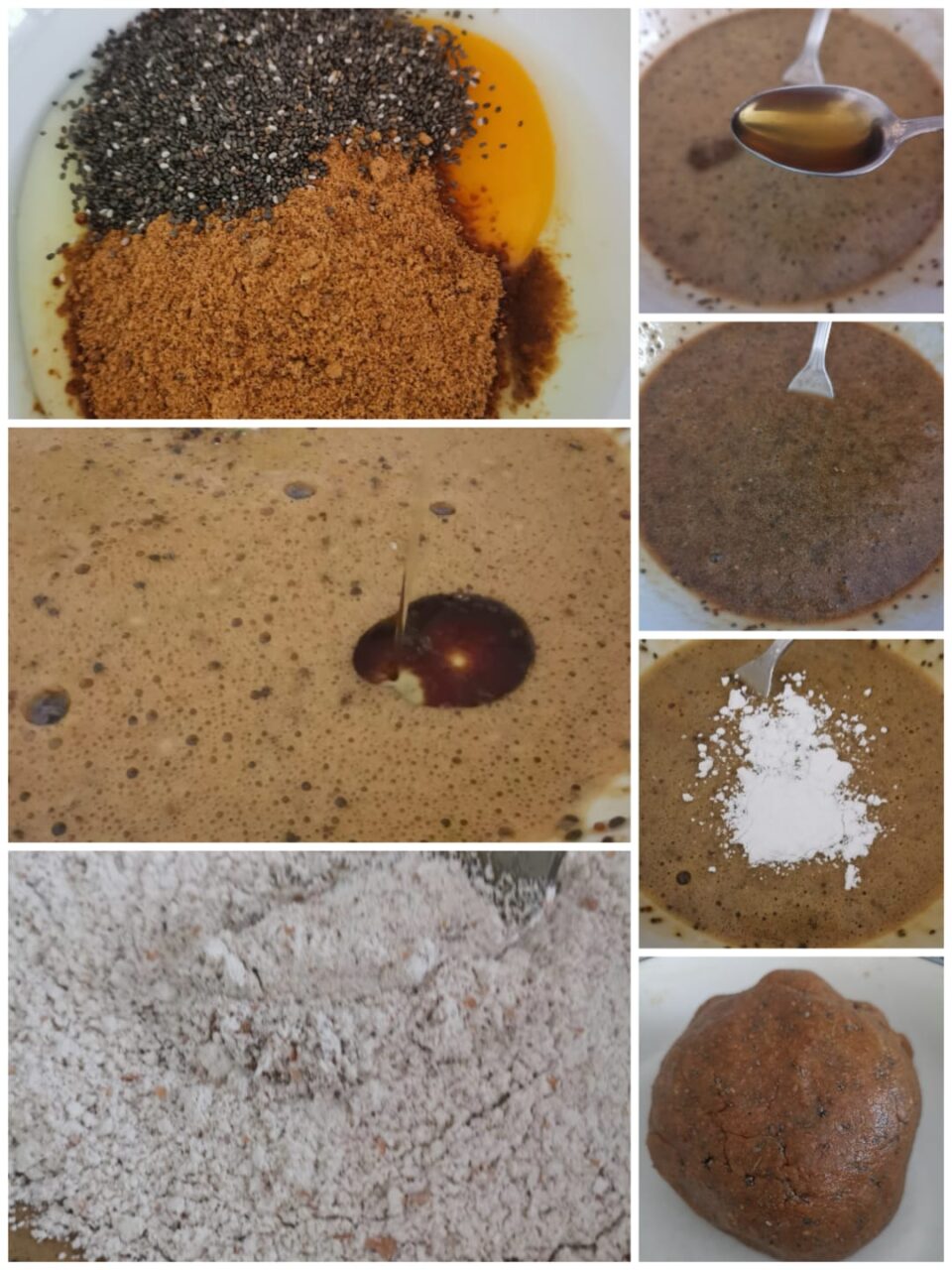 Collage fotografico che mostra i passaggi per fare l'impasto dei biscotti con uovo, zucchero di canna, semi di chia, farine e il panetto finale