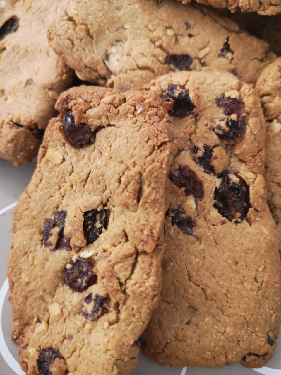 Primo piano ravvicinato di biscotti d'avena con uvetta dorati al forno 