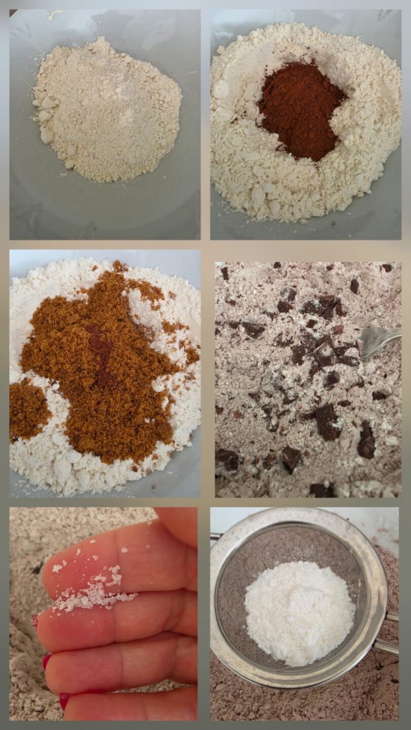 Preparazione polveri per torta al cioccolato in padella con farina, cacao, zucchero e lievito
