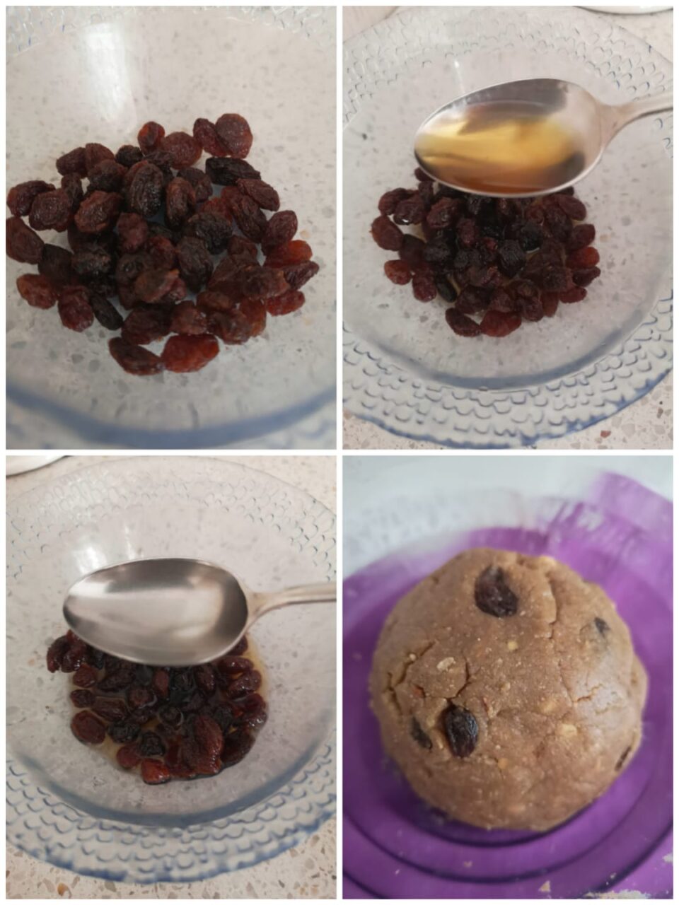 Collage con ammollo dell'uvetta nel liquore amaretto con cucchiaio e panetto d'impasto d'avena e frutta secca pronto. 