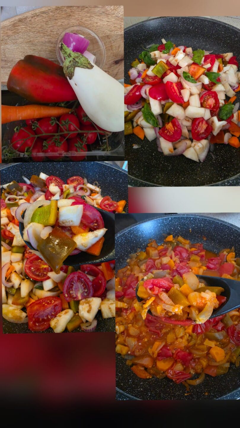 Collage fotografico con passaggi per preparare il sugo di verdure stive in padella