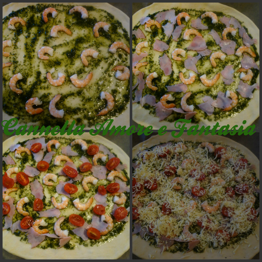 Pizza al pesto con gamberi e prosciutto Collage