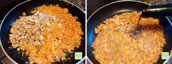 tritare le verdure e il seitan e cuocere in padella
