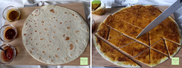 spennellare l'emulsione sulla piadina - tagliare a triangoli