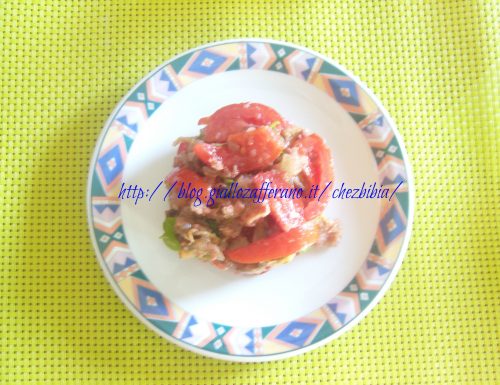 Insalata di melanzane fritte, pomodori e carne in gelatina