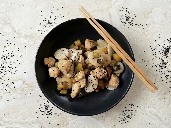 Gnocchi di riso con pollo e zucchine
