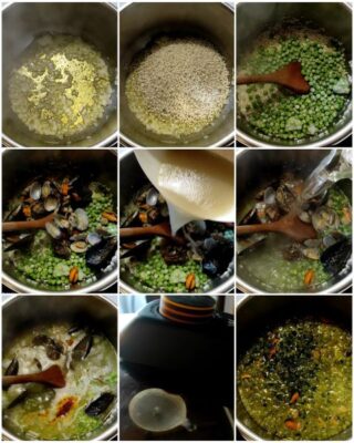 preparazione del risotto ai frutti di mare e verdure